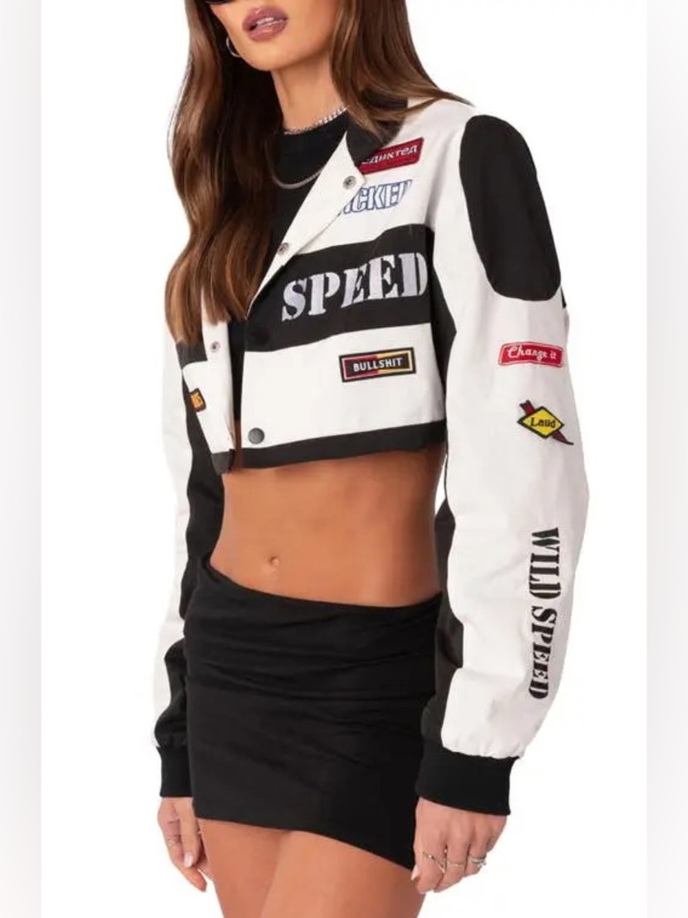 Edikted Black & White Patchwork Racing Crop Jacket with Embroidered Patches